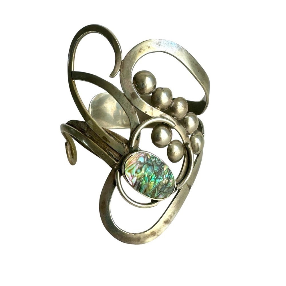 Vintage Abalone‎ Shell Bracelet Artisan Freeform Silver Large Cuff MCM Modernist